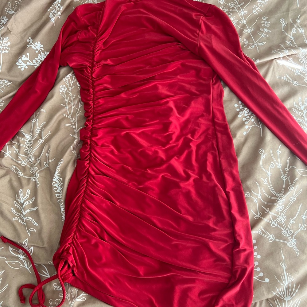 Nasty Gal Red Long Sleeve Ruched Dress